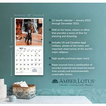 Adventure Dogs 2023 Wall Calendar: Hiking, Camping, and Traveling with Courageous Canines | 12" x 24" Open | Amber Lotus Publishing