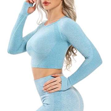 FITTOO Women's Long Sleeves Workout Crop Tops Seamless Sports Shirts Fitness Activewear Light Blue M