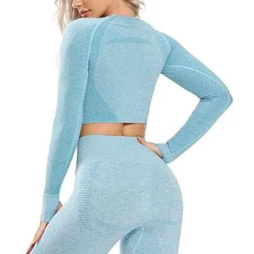 FITTOO Women's Long Sleeves Workout Crop Tops Seamless Sports Shirts Fitness Activewear Light Blue M