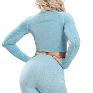 FITTOO Women's Long Sleeves Workout Crop Tops Seamless Sports Shirts Fitness Activewear Light Blue M