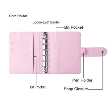 Pink A7 Binder Wallet Macaron Colored PU Leather Budget Binder Planner Organizer 6 Rings Loose Leaf Notebook Folders with Snap Button for Traveller Journal Filler Folder(A7, Pink)