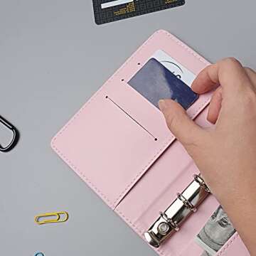 Pink A7 Binder Wallet Macaron Colored PU Leather Budget Binder Planner Organizer 6 Rings Loose Leaf Notebook Folders with Snap Button for Traveller Journal Filler Folder(A7, Pink)