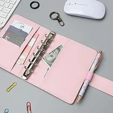 Pink A7 Binder Wallet Macaron Colored PU Leather Budget Binder Planner Organizer 6 Rings Loose Leaf Notebook Folders with Snap Button for Traveller Journal Filler Folder(A7, Pink)