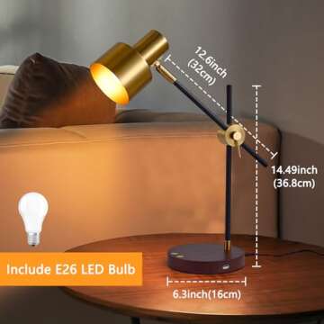 Adjustable Swing Arm Desk Lamp with Wireless Charger & USB Ports - Touch Control, 360° Flexible Met...