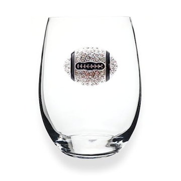 THE QUEENS' JEWELS Football (Diamond and Black) Jeweled Stemless Wine Glass, 21 oz. - Unique Gift fo...