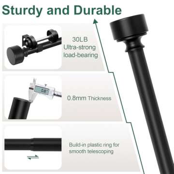 Black Curtain Rods for Windows 48 to 84 Inch(4-7ft),Noble Metal End Cap Curtain Rods,1 Inch Diameter Heavy Duty Curtain Rod,Adjustable Drapery Rods,Telescoping Window Curtains Rod 36-88",Matte Black