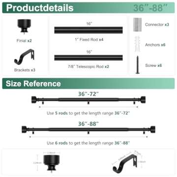 Black Curtain Rods for Windows 48 to 84 Inch(4-7ft),Noble Metal End Cap Curtain Rods,1 Inch Diameter Heavy Duty Curtain Rod,Adjustable Drapery Rods,Telescoping Window Curtains Rod 36-88",Matte Black