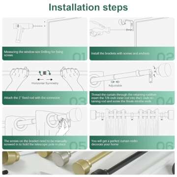 Black Curtain Rods for Windows 48 to 84 Inch(4-7ft),Noble Metal End Cap Curtain Rods,1 Inch Diameter Heavy Duty Curtain Rod,Adjustable Drapery Rods,Telescoping Window Curtains Rod 36-88",Matte Black