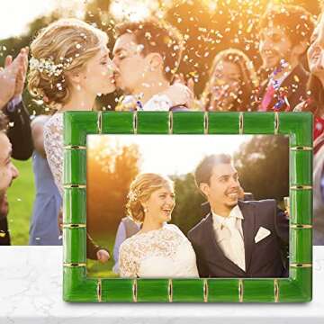 LASODY 5x7 Gold Metal Bamboo Design Picture Frame Green Photo Frame Tabletop Picture Frame