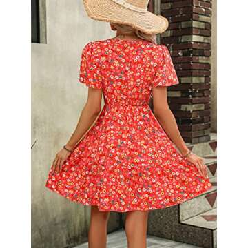 SweatyRocks Women's Floral Print V Neck Dress Short Puff Sleeve Tie Front Ruffle Hem Flare Short Dress Bright Red M