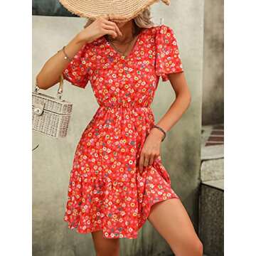 SweatyRocks Women's Floral Print V Neck Dress Short Puff Sleeve Tie Front Ruffle Hem Flare Short Dress Bright Red M