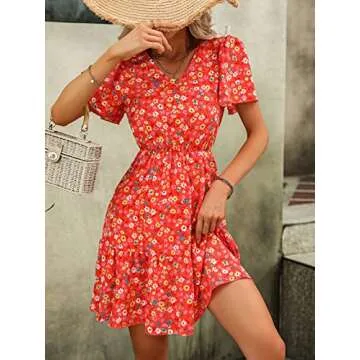 SweatyRocks Women's Floral Print V Neck Dress Short Puff Sleeve Tie Front Ruffle Hem Flare Short Dress Bright Red M