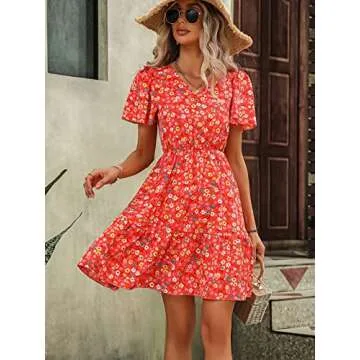 SweatyRocks Women's Floral Print V Neck Dress Short Puff Sleeve Tie Front Ruffle Hem Flare Short Dress Bright Red M