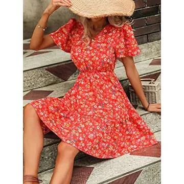SweatyRocks Women's Floral Print V Neck Dress Short Puff Sleeve Tie Front Ruffle Hem Flare Short Dress Bright Red M