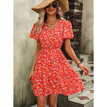 SweatyRocks Women's Floral Print V Neck Dress Short Puff Sleeve Tie Front Ruffle Hem Flare Short Dress Bright Red M