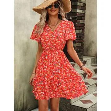SweatyRocks Women's Floral Print V Neck Dress Short Puff Sleeve Tie Front Ruffle Hem Flare Short Dress Bright Red M