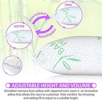 2 Pack King Size Rayon Derived from Bamboo Pillow for, Cooling Shredded Memory Foam Bed Pillows Set – Back, Stomach, Side Sleepers, Removable Cover, Adjustable to Firm/Soft, King (Pack of 2)