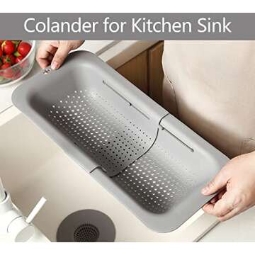 Domonic Home Colander Over the Sink Colander for Kitchen Sink, Over the Sink Strainer Basket Vegetables, Fruits, Pasta, Collapsible Colander 14.5"-19.5",Pink Colander Dishwasher Safe