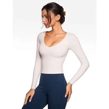INGIA Womens V-Neck Long Sleeve Workout Crop Tops Slim Fit Padded Athletic Shirts Casual Yoga Gym Tops Coconut White Small