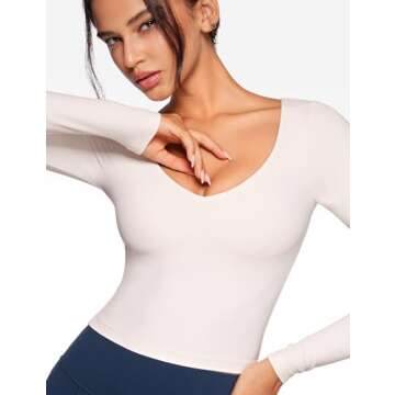 INGIA Womens V-Neck Long Sleeve Workout Crop Tops Slim Fit Padded Athletic Shirts Casual Yoga Gym Tops Coconut White Small