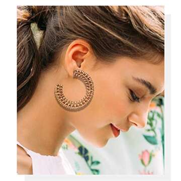 Rattan Earrings Statement Hoop Earrings for Women Straw Earrings Woven Dangle Drop Earrings (Rattan Earrings Set)