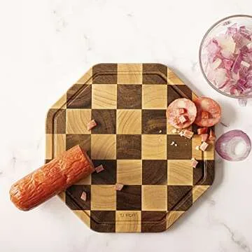 TJ POP End Grain Wood Cutting Board With Juice Groove, Octagon Serving Board For Kitchen, Flippable Charcuterie Board For Cheese, Bread & Fruits, 12x12x0.8 Inch