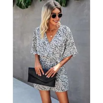 PRETTYGARDEN Women’s Floral Print Shorts Jumpsuit Wrap V Neck 3/4 Sleeve Casual Loose Oversized Romper With Pockets (White, Medium)