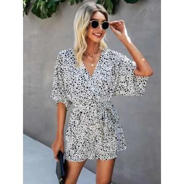 PRETTYGARDEN Women’s Floral Print Shorts Jumpsuit Wrap V Neck 3/4 Sleeve Casual Loose Oversized Romper With Pockets (White, Medium)