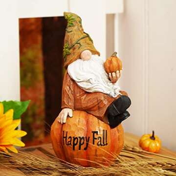 Topadorn Fall Garden Gnome Figurine Sitting on Pumpkin Statue Autumn Harvest Garden Gnomes Statue Figurine for Patio Yard Lawn Porch Decoration，Happy Fall