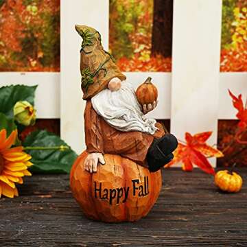Topadorn Fall Garden Gnome Figurine Sitting on Pumpkin Statue Autumn Harvest Garden Gnomes Statue Figurine for Patio Yard Lawn Porch Decoration，Happy Fall