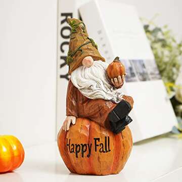 Topadorn Fall Garden Gnome Figurine Sitting on Pumpkin Statue Autumn Harvest Garden Gnomes Statue Figurine for Patio Yard Lawn Porch Decoration，Happy Fall
