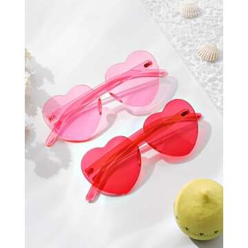 LYMOJOR Heart Sunglasses Thick Heart Glasses Rimless Fun Cute Heart Shaped Sunglasses for Women Party Favors (2 Pack, Pink and Hot Pink)