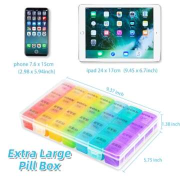 XL Large Weekly Pill Organizer 4 Times a Day, 7-Day Pill Boxes and Organizer AM PM, Big Compartments Pill Case, Monthly Medication Organizer 29 Days Dispenser for Fish Oils