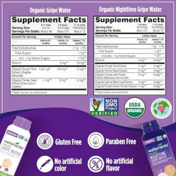 Wellements Organic Gripe Water for Babies Day & Night Combo Pack (4 Fl Oz) - Infant Gripe Water Newborn Calms Occasional Stomach Discomfort from Baby Gas, Colic, Hiccups & Fussiness - USDA Certified