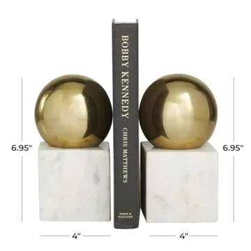 CosmoLiving by Cosmopolitan Marble Decorative Bookends Orb 10 lbs Non Skid Bookends, Set of 2 Office Bookends4 W, 7" H, Gold