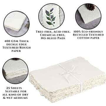400 GSM / 25 Sheets - Rough/Textured Watercolor Drawing/Sketching Paper - 8"X6"(A5) - Handmade/Deckle Edge Paper Made from Virgin Egyptian Cotton - Off-White by Leather Village