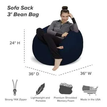 Sofa Sack Bean Bag Chair - Plush, Ultra Soft - Memory Foam Bean Bag Chair with Microsuede Cover - Stuffed Foam Filled Furniture and Accessories for Dorm Room 3 Feet - Navy