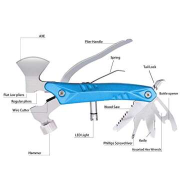 14 in 1 Stainless Steel Multitool,Use for Camping Survival Hiking Outdoors Car Tool,Gift for Men Women,Mini Tools with Flashlight Camping Knife Axe Hammer Plier Screwdrivers Saw(Blue)