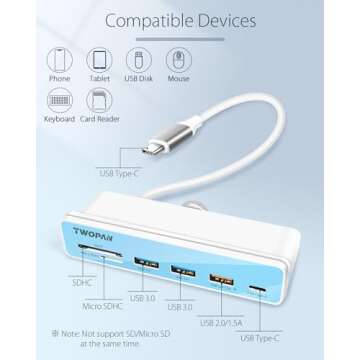 TWOPAN USB C Hub Multiport Adapter for iMac, 6 in 1 USB C to USB Adapter iMac 2024/2023/2021 iMac M4/M3/M1, USB Port Hub with USB 3.0 Ports, SD, MicroSD Card Readers & 7 Color Panels