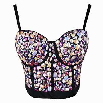 ELLACCI Women's Sexy Rhinestone Bustier Crop Top Club Party Glitter Corset Top Bra Black Multicolor ...
