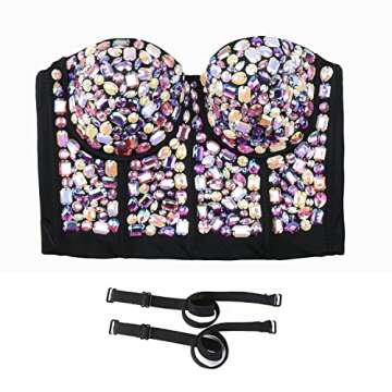 ELLACCI Women's Sexy Rhinestone Bustier Crop Top Club Party Glitter Corset Top Bra Black Multicolor Medium