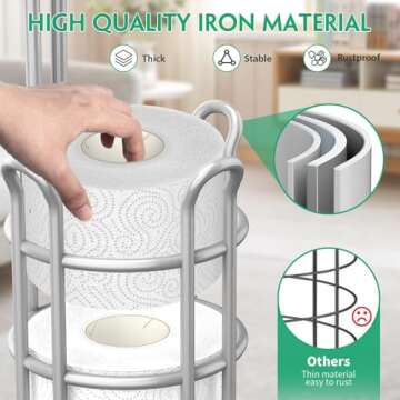 TomCare Toilet Paper Holder Upgraded Toilet Paper Stand with Raised Feet Metal Bathroom Accessories Tissue Paper Dispenser Free Standing Toilet Paper Roll with Storage Shelf Bathroom Storage Organizer
