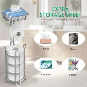 TomCare Toilet Paper Holder Upgraded Toilet Paper Stand with Raised Feet Metal Bathroom Accessories Tissue Paper Dispenser Free Standing Toilet Paper Roll with Storage Shelf Bathroom Storage Organizer