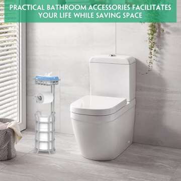 TomCare Toilet Paper Holder Upgraded Toilet Paper Stand with Raised Feet Metal Bathroom Accessories Tissue Paper Dispenser Free Standing Toilet Paper Roll with Storage Shelf Bathroom Storage Organizer