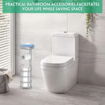 TomCare Toilet Paper Holder Upgraded Toilet Paper Stand with Raised Feet Metal Bathroom Accessories Tissue Paper Dispenser Free Standing Toilet Paper Roll with Storage Shelf Bathroom Storage Organizer