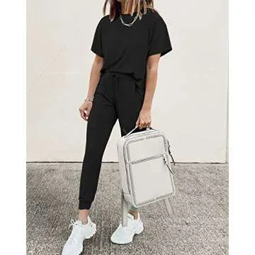 PRETTYGARDEN Women's Two Piece Outfit Short Sleeve Pullover with Drawstring Long Pants Tracksuit Jogger Set