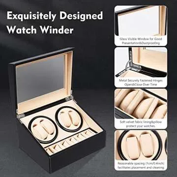 SHZICMY Automatic Watch Winder Display Box, 4+6 Automatic Rotation Leather Wood Watch Winder Collector Display Box Watch Case(Black)