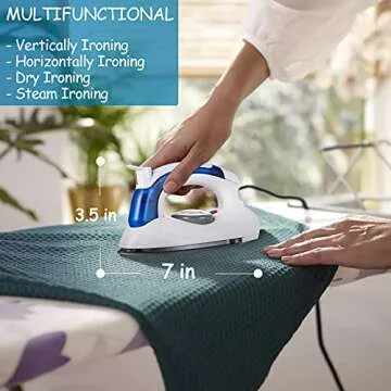 DenniesCare Travel Iron Portable Steam Iron for Clothes Handheld Steamer Mini Iron Non-Stick Sole Plate Dry Ironing and Steam Ironing Fast Heated up Detachable Water Tank Blue