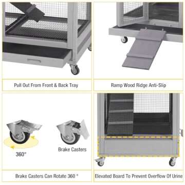 Aivituvin Rabbit Hutch Large Wooden Bunny House Guinea Pig Cages on Wheels, Two Trays, Indoor Outdoor