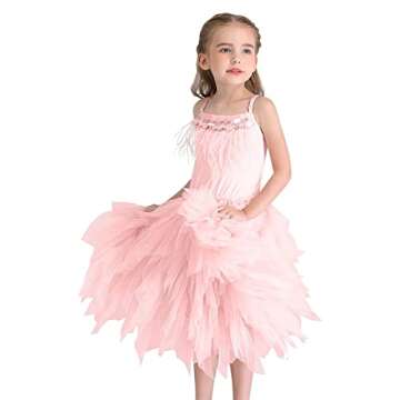 MYRISAM Little Girl Swan Princess Feather Fringes Tutu Dress Pageant Party Wedding Dance Birthday Short Tiered Gown Pink 4-5T